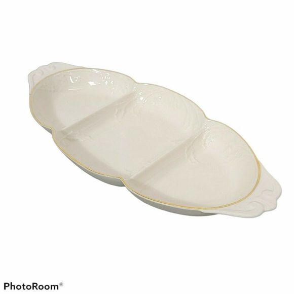 Lenox Off White Ceramic Holiday Heirloom 3 Part Relish Server Tray China Platter - Picture 2 of 11